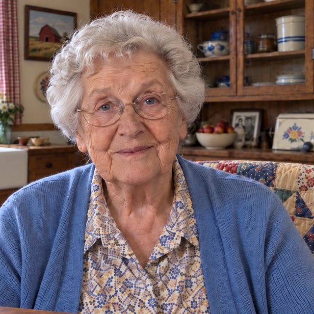 Hazel at her kitchen table
