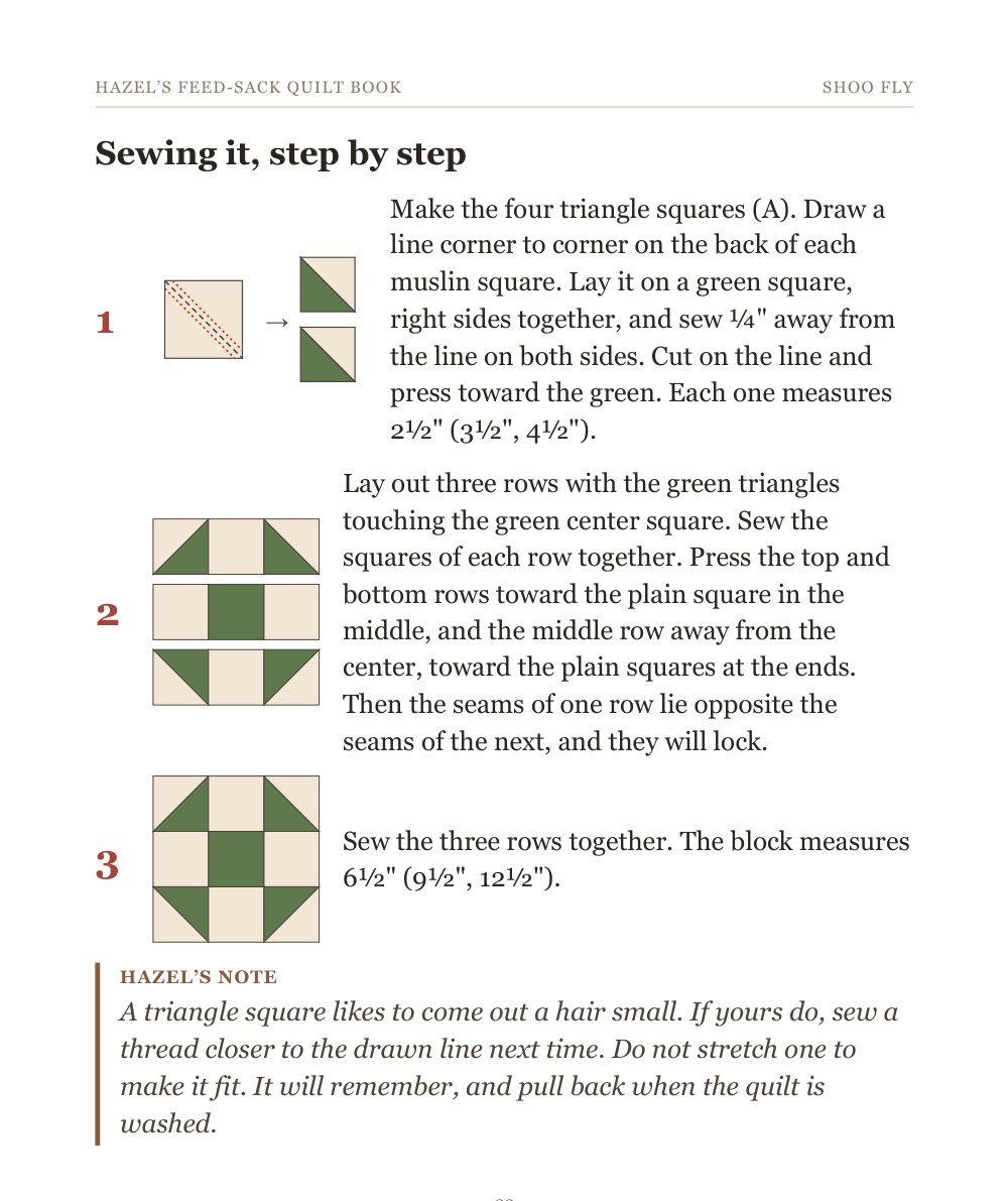 Sample page: sewing the Shoo Fly in three steps, with a drawing for each